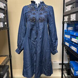 NWT! Coach Chambray Denim Embroidered Floral Shirt Dress Pockets Western Boho 0